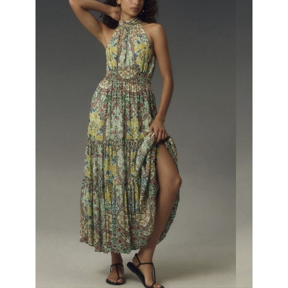 Anthropologie The Somerset Halter Maxi Dress Size XL Green Floral Smocked Tiered - Picture 9 of 14